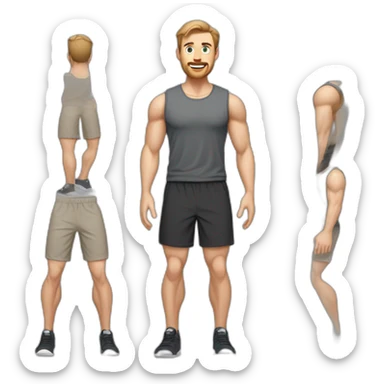 Full height Pale skinned muscular man With Realistic eyes and mouth, light brown hair and stubble In dark gray sleeveless mike, black oversize sports shorts, watch and white sneakers. sticker