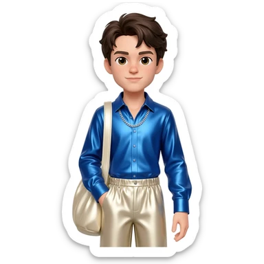 Jonathan Bailey with dark brown hair, blue metallic shirt, ivory metallic baggy pants, silver necklace sticker