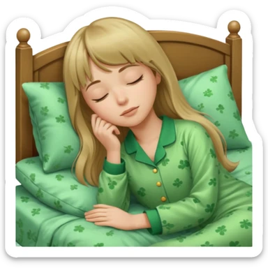 Young woman with long dark blond hair and a bang sleeping in bed  with green pyjama sticker