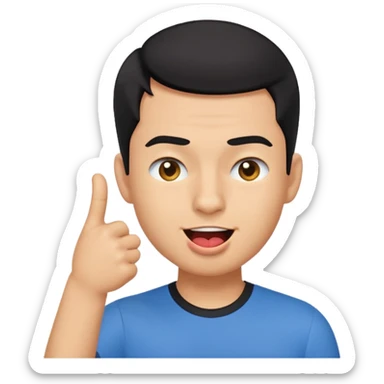 "Create a playful emoji of a young man with short black hair, wearing a blue shirt. He is winking with one eye, sticking out his tongue dramatically, and pointing to his forehead with one hand in a cheeky gesture.
 sticker