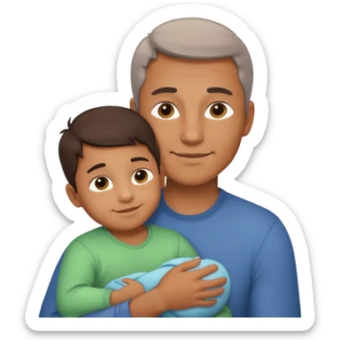 The father stands under the soft sunlight, his strong arms holding his child close to his chest, his gentle face glowing with a warm smile. sticker