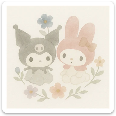 Kuromi and My Melody together, surrounded by flowers sticker