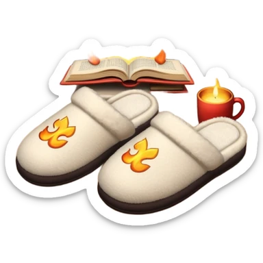 cozy slippers and a book by a fireplace, warm glow sticker