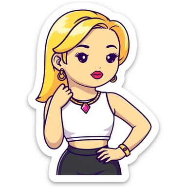 Full body white teenage girl with blonde hair, heavy makeup, big lips, crop top, gold jewelry and flashy choni style outfit sticker