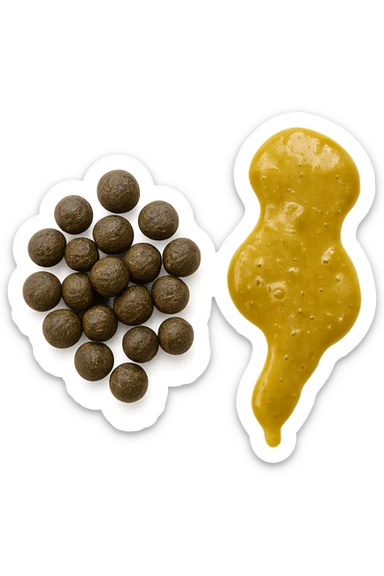 feci di animale a palline viste dall'alto e feci di animale liquide e gialline viste dall'alto, iperrealistico 4k sticker