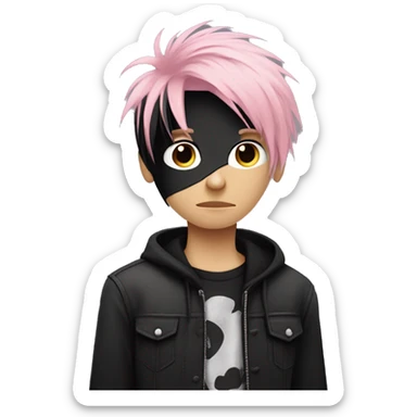 Create an emoji of an emo guy with split-dyed hair—one side pastel pink and the other side black. The hair should have a slightly messy, choppy texture, and the character should have a subtle, sad expression, wearing dark clothing typical of emo fashion sticker
