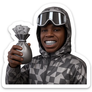 Create a character inspired by the person in the reference image with realistic brown skin tone and natural facial features. Dress him in a chrome patterned hooded jacket with a matte metallic finish (less shiny). He holds a chrome brown money bag with a subtle matte metallic look in the correct hand, with realistic US dollar bills coming out. Add shiny, reflective chrome grills on his teeth and shiny, reflective chrome ski goggles on his head. Only the jacket and money bag are matte chrome; the grills and ski goggles are shiny chrome. The face and hands look natural. Background is transparent. sticker