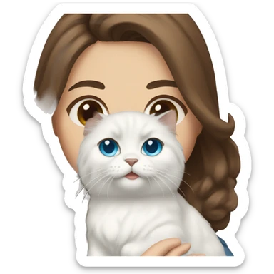 woman with brown hair and holding a all white Siberian cat with blue eyes sticker