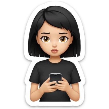 generate a pretty bratz girl with short black messy hair, looking tired and using her phone, wearing an oversized black tshirt sticker