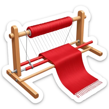 rigid heddle weaving loom set up for weaving a bright red scarf, with red yarn on a stick shuttle laying across the warp threads sticker
