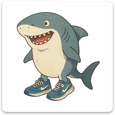 ghibli style cartoon shark with blue Nike sneakers, whimsical sticker