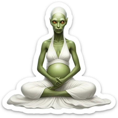 a Reptilian alien woman, pregnant, in meditation, white dress like a priestess sticker