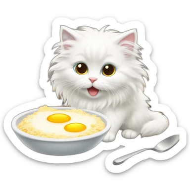 Long-haired white fluffy kitten preparing breakfast. sticker