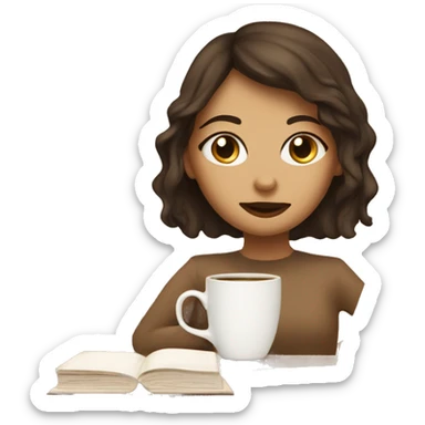 Half face of a girl behind the laptop. A a cup of coffee on the left side of the table. Books on the right side. in beige tones sticker