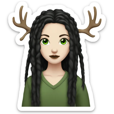 Girl with pale skin, green eyes, black dread-locks, eyeliner, deer antlers, grunge sticker