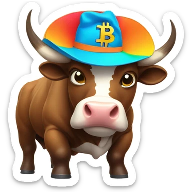 Bull ready to charge wearing bitcoin hat sticker