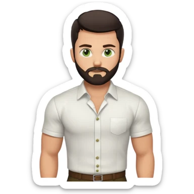 Man with a short full beard, Styled hair, Best looking man in the planet, onepiece style dark hair, green eyes, more realistic style more maskulin. Wearing a white formal shirt, first buttons open macho style, muscular

 sticker