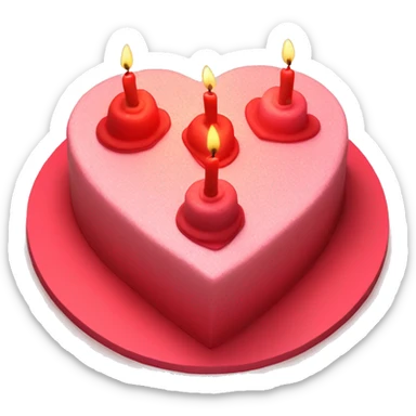 Red primarily colored heart shaped birthday cake, top view, 4 candles sticker