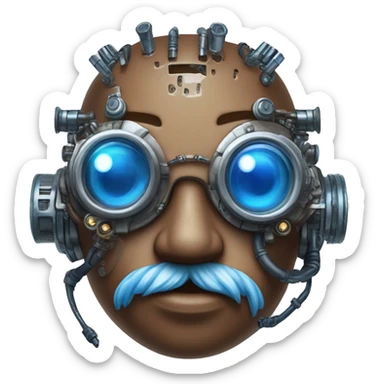 Brown cyborg head with blue Mohawk, blue beard, silver steampunk monocle goggles a smile and circuits sticker