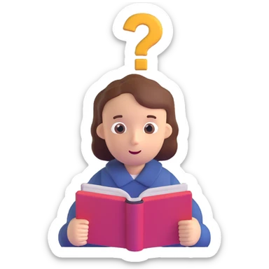 thoughtful character with question marks and open book sticker
