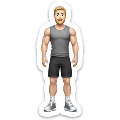Full height Pale skinned fit man With biceps, Realistic eyes and mouth, light brown hair and stubble In dark gray sleeveless mike, black oversize sports shorts, watch and white sneakers. sticker