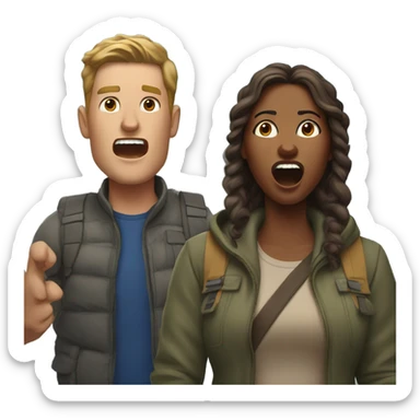 White man and brown-skinned woman yelling from a mountain top sticker