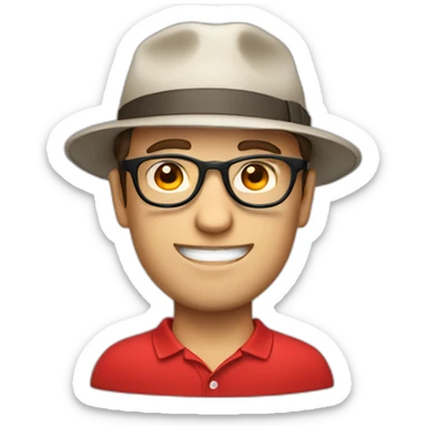 European guy with a hat, a red polo and glasses sticker