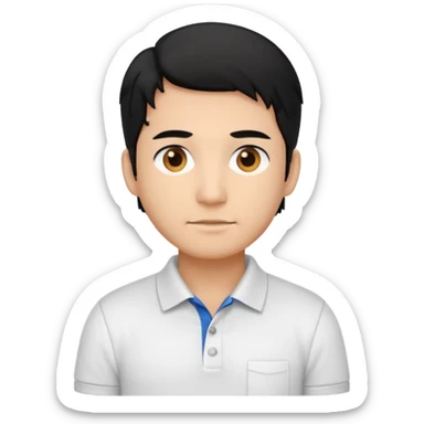 engineer wearing white polo, black hair sticker