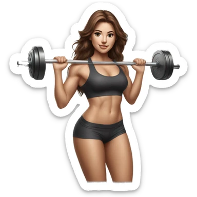Hyperrealistic pencil drawing of athletic sexy girl in full height with brown hair and barbell sticker