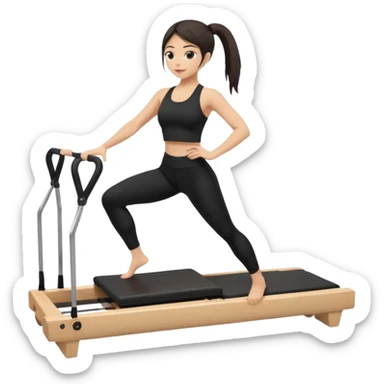a girl doing reformer pilates, she is wearing a black fit and she has dark straight and loose hair sticker