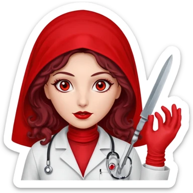 Lilith scalpel in hand, evil surgeon outfit.  She has red eyes. She has dark brown curly hair. Hair is long . Wears sexy doctor outfit with red gloves. Clears, mouth with Muslim red burka sticker