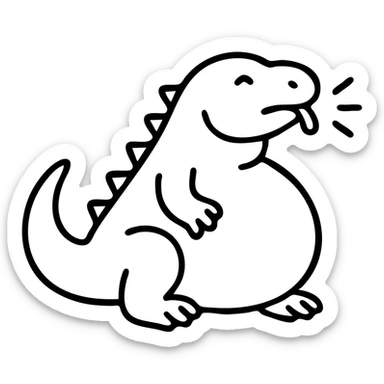 An outline of a chubby komodo dragon with motion lines indicating hiccups, oversized belly sticker
