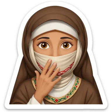 an old emirati women wearing traditional cloths covers her face with burg'a sticker