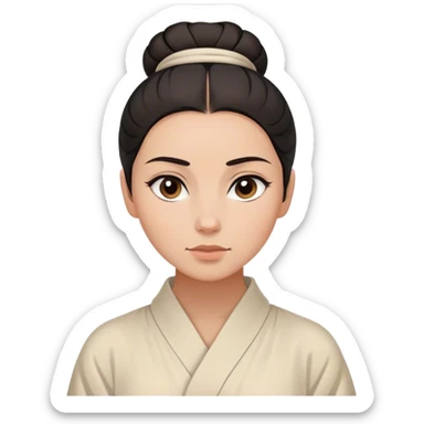 Cinematic Serene Mulan Portrait Emoji, rendered in a simplified vector style. Depict a gentle Mulan (chest and above) with warm, radiant skin, sleek dark hair pulled back in a neat bun, and a calm, thoughtful expression, wearing a simple traditional robe in muted hues. The design glows softly with an elegant, inviting light. sticker