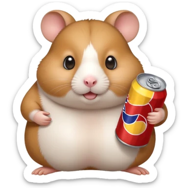 Funny cartoon-style fat hamster wide eyed with a can of redbull sticker