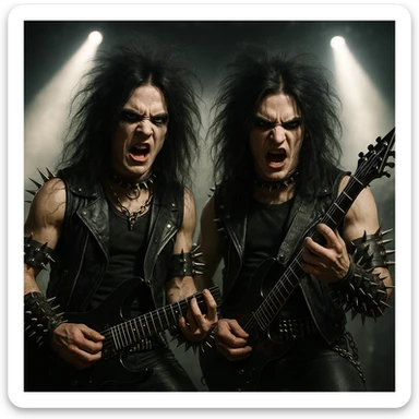 Gemini twins with electric guitars, heavy metal style, spiked accessories, intense expressions sticker