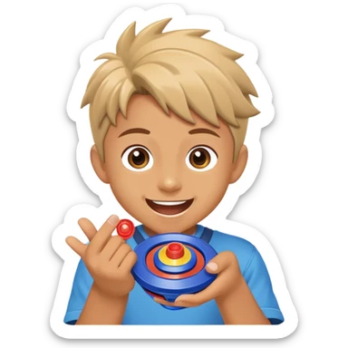 excited child holding a beyblade spinning top toy, happy face sticker
