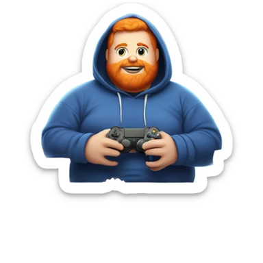 fat man with blue hoodie orange hair and beard that is the shape of the universe that plays games and eats alot of sticker