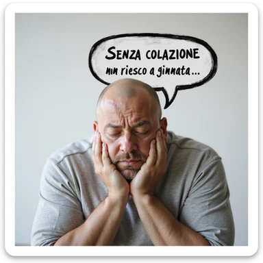 hyperrealistic 4K man isolated on white background, speech bubble saying 'Senza colazione non riesco a iniziare la giornata', sleepy expression, realistic details, different pose, variant 3 sticker