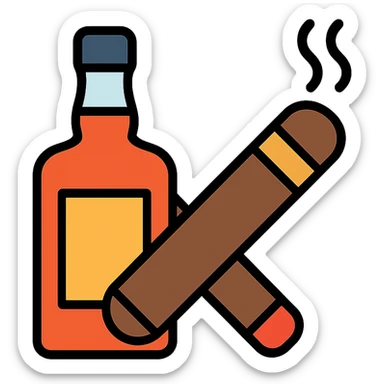 a whiskey bottle and cigar crossed, bold, modern icon style, colorful lineal icon with black outlines sticker