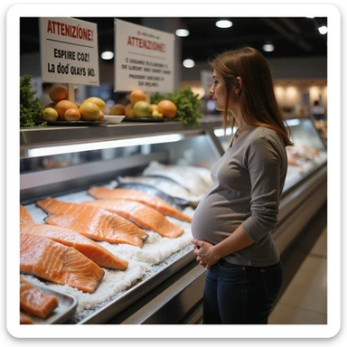 realistic pregnant woman in 4K approaching the fish counter and seeing a sign that says: 'Attenzione! Il consumo di salmone crudo puo comportare rischi in gravidanza' sticker