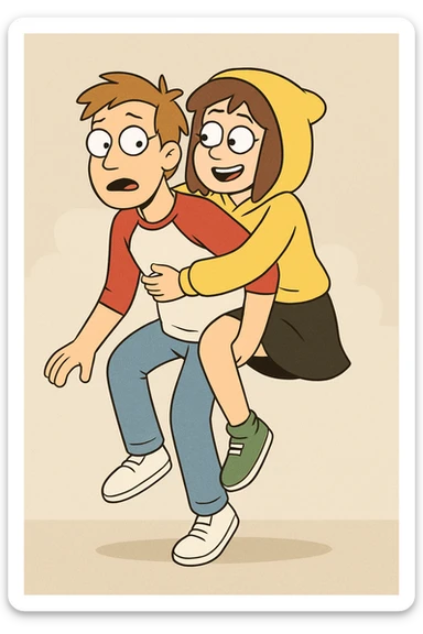 A man Raglan sleeves with Red t-shirts blue jeans white shoes carried by a cute a girl yellow hoodie black skirt green shoe  sticker