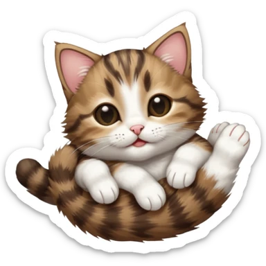 dark brown tabby and white kitten in funny positions stretched our upside down with eyes closed sticker