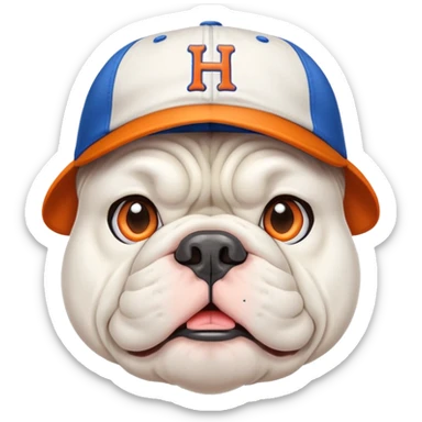 Only white BULLDOG, with orange and blue baseball hat, letters H and D on hat sticker