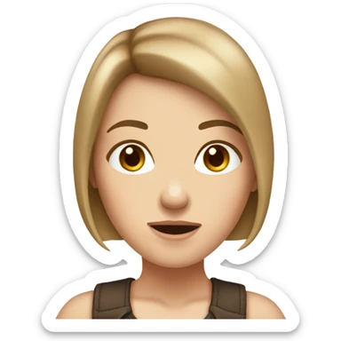 white girl with brown bob-cut hair, biting her mouth sticker