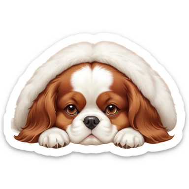 Cinematic Chubby Sleeping Cavalier King Charles Spaniel Portrait Emoji, Chubby and serene, with a round, endearing build and a plush, silky coat of rich chestnut and white, eyes gently closed in peaceful slumber, Simplified yet irresistibly endearing features, highly detailed, glowing with a gentle, dreamy glow, high shine, relaxed and content, stylized with a touch of whimsy, bright and heartwarming, soft glowing outline, capturing the essence of a blissfully sleepy companion, so comically serene it feels like it could roll out of the screen and snore with adorable charm! sticker