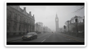 Cinematic shot of a london street, cloudy foggy day, soft light, leading lines to big ben in distance, multi composition, in foreground blurred car, on second street around UK bulding, od another plan in distance big ben, birds flying, artistic look, captured on arri alexa 35, triadal composition sticker