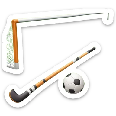 A field hockey stick and ball resting on a well-maintained green grass field, with the goalposts and markings visible in the background. The scene highlights the precision and focus of the sport, with the vibrant green pitch creating a dynamic atmosphere. sticker