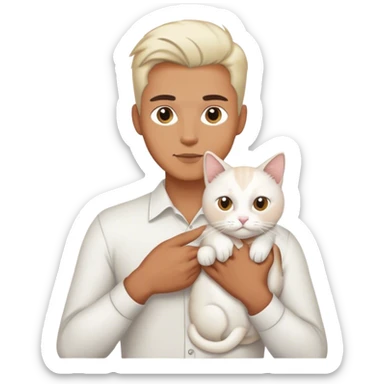 A man with slick hair holding a white cat sticker