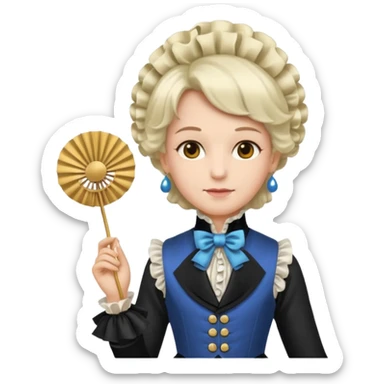 An emoji portrait of a French aristocrat. He wears a powdered wig and a silk waistcoat with a ruffled jabot. His expression is poised and refined, and he holds a fan. sticker